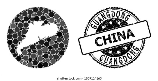 Vector mosaic map of Guangdong Province from round items, and grey grunge stamp. Hole circle map of Guangdong Province collage composed with circles in variable sizes, and dark grey color hues.