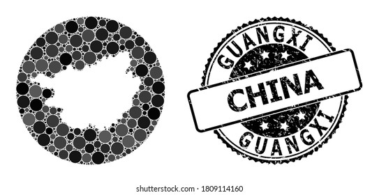Vector mosaic map of Guangxi Province of round elements, and grey rubber stamp. Subtraction round map of Guangxi Province collage created with circles in different sizes, and dark grey shades.