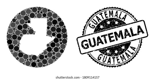 Vector mosaic map of Guatemala with round dots, and grey rubber stamp. Subtraction circle map of Guatemala collage designed with circles in different sizes, and dark grey color tinges.