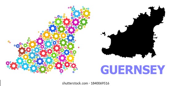 Mapa de mosaicos vectoriales de la isla de Guernsey creado para ingeniería. El mapa mosaico de la isla de Guernsey está compuesto por alfombras multicolores dispersas. Componentes de ingeniería en colores brillantes.