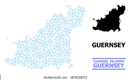 Mapa vectorial de mosaico de la isla Guernsey hecho para Año Nuevo, celebración de Navidad e invierno. El mapa mosaico de la isla de Guernsey está organizado con elementos de nieve azul claro.