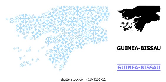 Vector mosaic map of Guinea-Bissau created for New Year, Christmas celebration, and winter. Mosaic map of Guinea-Bissau is made of light blue snow items.
