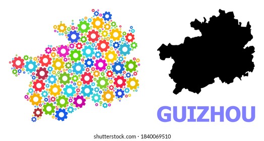 Mapa de mosaico vectorial de la provincia de Guizhou construido para talleres. El mapa mosaico de la provincia de Guizhou está compuesto por blogs brillantes al azar. Artículos de ingeniería de colores vivos.