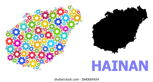 Mapa vectorial de mosaico de la isla de Hainan construido para servicios. El mapa mosaico de la isla de Hainan está construido con artes de colores aleatorios. Artículos de ingeniería de colores vivos.