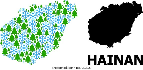 Mapa vectorial de mosaico de la isla de Hainan diseñado para Año Nuevo, Navidad e invierno. El mapa mosaico de la isla de Hainan está hecho de árboles de nieve y abetos.