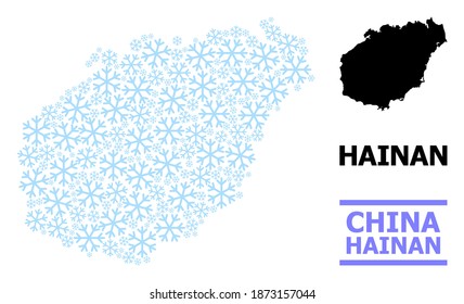 Vector mosaic map of Hainan Island constructed for New Year, Christmas celebration, and winter. Mosaic map of Hainan Island is organized of light blue snow elements.