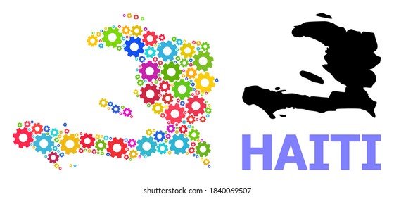 Mapa de mosaico vectorial de Haití hecho para la mecánica. El mapa mosaico de Haití está formado por ruedas de engranajes brillantes al azar. Artículos de ingeniería de colores vivos.