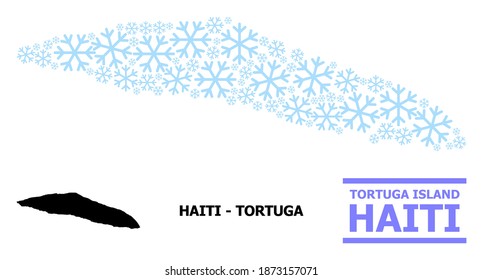 Vector mosaic map of Haiti Tortuga Island created for New Year, Christmas celebration, and winter. Mosaic map of Haiti Tortuga Island is made from light blue snow items.