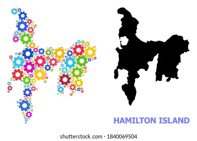 Vektor Mosaik Karte von Hamilton Island getan für Ingenieurwesen. Die Mosaikkarte von Hamilton Island besteht aus verstreuten, hellen Zahnradrädern. Ingenieurskomponenten in hellen Farben.