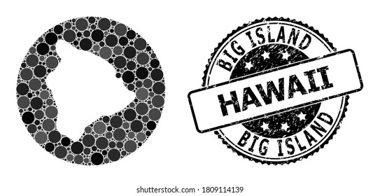 Vector mosaic map of Hawaii Big Island with circle blots, and grey scratched seal. Stencil circle map of Hawaii Big Island collage composed with circles in variable sizes, and dark grey shades.