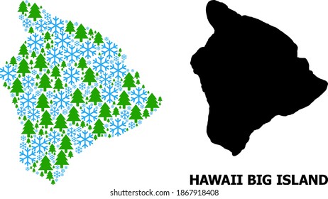 Vector mosaic map of Hawaii Big Island organized for New Year, Christmas, and winter. Mosaic map of Hawaii Big Island is constructed from snowflakes and fir forest.