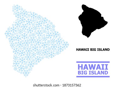 Mapa vectorial de mosaico de la isla grande de Hawái hecho para Año Nuevo, celebración de Navidad e invierno. Mapa mosaico de la isla grande de Hawaii se forma con copos de nieve azul claro.