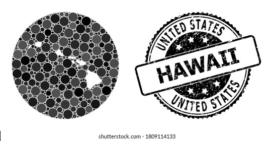 Vector mosaic map of Hawaii State with round spots, and gray rubber seal. Subtraction round map of Hawaii State collage formed with circles in different sizes, and dark grey color tones.
