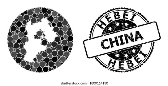 Vector mosaic map of Hebei Province from round dots, and gray rubber stamp. Subtraction round map of Hebei Province collage created with circles in different sizes, and dark gray color tones.