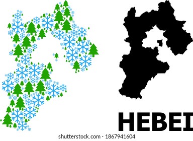Vector mosaic map of Hebei Province done for New Year, Christmas, and winter. Mosaic map of Hebei Province is formed of snowflakes and fir-trees.