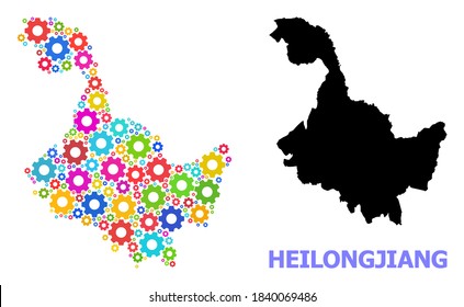 Vector mosaic map of Heilongjiang Province constructed for services. Mosaic map of Heilongjiang Province is shaped from scattered bright gears. Engineering items in bright colors.