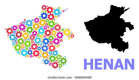 Vector mosaic map of Henan Province created for mechanics. Mosaic map of Henan Province is formed from random bright gears. Engineering components in bright colors.