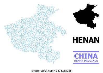Vector mosaic map of Henan Province organized for New Year, Christmas celebration, and winter. Mosaic map of Henan Province is created from light blue snow items.