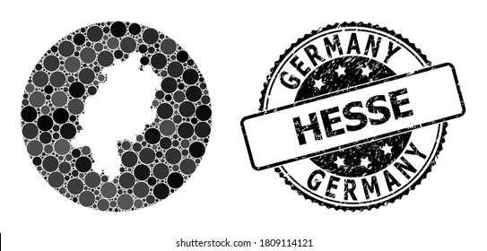 Mapa de mosaico vectorial del estado de Hesse con manchas de círculo y sello de la marca de agua gris. Mapa del círculo de tallos del collage del estado de Hesse diseñado con círculos de diferentes tamaños y tonos grises oscuros.