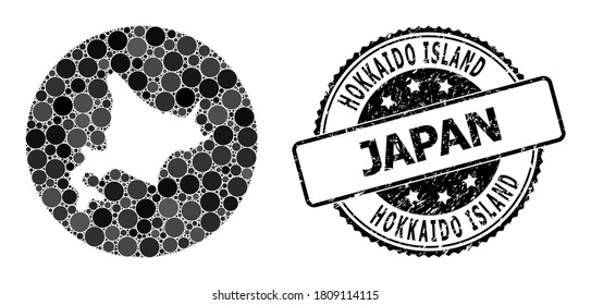 Vector mosaic map of Hokkaido Island from round elements, and grey scratched stamp. Subtraction round map of Hokkaido Island collage designed with circles in different sizes, and dark grey color hues.