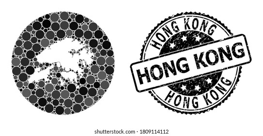 Mapa de mosaicos vectoriales de Hong Kong con puntos circulares y estampado gris. Mapa del círculo de hoyos de un collage de Hong Kong diseñado con círculos de diferentes tamaños y tonos grises oscuros.