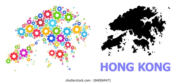 Mapa de mosaicos vectoriales de Hong Kong construido para aplicaciones industriales. El mapa mosaico de Hong Kong está hecho de ruedas de engranajes brillantes al azar. Artículos de ingeniería de colores vivos.