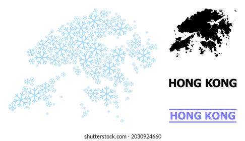 Vektor-Mosaik-Karte von Hongkong kombinierte für Neujahr, Weihnachtsfeiern und Winter. Die Mosaikkarte von Hongkong ist mit hellblauen Schneegegenständen gebaut.