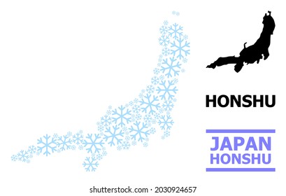 Vector mosaic map of Honshu Island combined for New Year, Christmas celebration, and winter. Mosaic map of Honshu Island is made from light blue ice crystals.