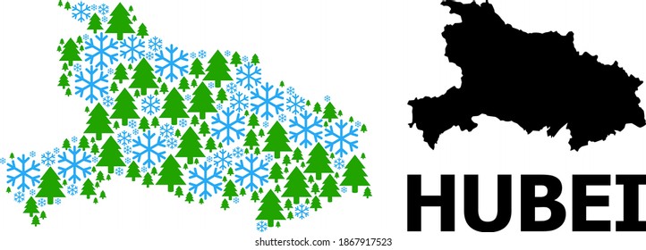 Mapa de mosaicos vectoriales de la provincia de Hubei diseñado para Año Nuevo, Navidad e invierno. El mapa mosaico de la provincia de Hubei está formado por copos de nieve y abetos.