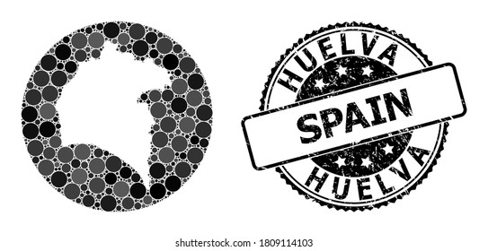 Vector mosaic map of Huelva Province of round spots, and grey watermark seal stamp. Hole circle map of Huelva Province collage composed with circles in different sizes, and dark grey color tinges.