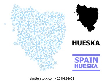 Vector mosaic map of Hueska Province organized for New Year, Christmas celebration, and winter. Mosaic map of Hueska Province is created of light blue snow items.