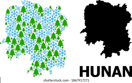 Vektormosaikkarte der Provinz Hunan, konstruiert für Neujahr, Weihnachten und Winter. Die Mosaikkarte der Provinz Hunan ist aus Schneeflocken und Tannenbäumen gemacht.