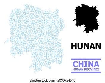 Vector mosaic map of Hunan Province combined for New Year, Christmas celebration, and winter. Mosaic map of Hunan Province is shaped from light blue snow items.