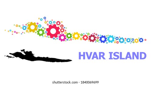 Mapa de mosaico vectorial de la isla Hvar combinado para mecánica. El mapa mosaico de la isla de Hvar está organizado a partir de ruedas brillantes aleatorias. Artículos de ingeniería de colores vivos.
