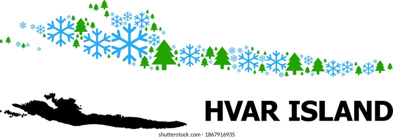 Vector mosaic map of Hvar Island constructed for New Year, Christmas, and winter. Mosaic map of Hvar Island is done of snow and fir-trees.