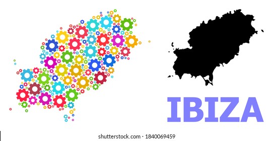Vector mosaic map of Ibiza Island done for engineering. Mosaic map of Ibiza Island is organized of randomized colorful cogs. Engineering items in bright colors.
