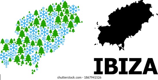 Vector mosaic map of Ibiza Island combined for New Year, Christmas, and winter. Mosaic map of Ibiza Island is made from snow and fir trees.