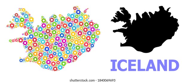 Vector mosaic map of Iceland constructed for engineering. Mosaic map of Iceland is constructed from random colored gears. Engineering components in bright colors.