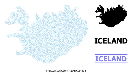 Vector mosaic map of Iceland done for New Year, Christmas celebration, and winter. Mosaic map of Iceland is designed from light blue snow items.