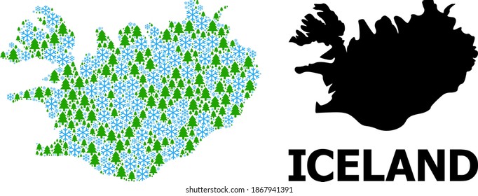 Vector mosaic map of Iceland organized for New Year, Christmas, and winter. Mosaic map of Iceland is made with snow and fir-trees. Winter related items are grouped into abstract mosaic map of Iceland.
