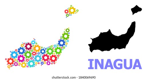 Vector mosaic map of Inagua Islands constructed for services. Mosaic map of Inagua Islands is shaped with randomized bright gears. Engineering items in bright colors.