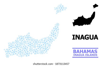 Vector mosaic map of Inagua Islands created for New Year, Christmas celebration, and winter. Mosaic map of Inagua Islands is constructed of light blue snowflakes.