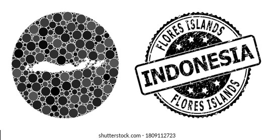 Vektormosaikkarte Indonesiens - Flores Inseln mit sphärischen Punkten und grauem Wasserzeichen-Siegel. Subtraktionsrunde Karte Indonesiens - Flores Islands Collage mit Kreisen unterschiedlicher Größe,