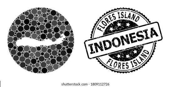 Vector mosaic map of Indonesia - Flores Island with round dots, and grey grunge seal. Hole circle map of Indonesia - Flores Island collage designed with circles in variable sizes,