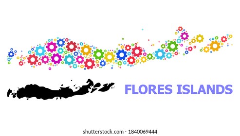Vektormosaik Karte von Indonesien - Flores Inseln für Ingenieurwesen geschaffen. Mosaikkarte von Indonesien - Flores Islands ist aus verstreuten mehrfarbigen Rädern. Ingenieurskunst in hellen Farben.