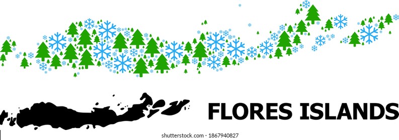 Vektormosaikkarte Indonesiens - Flores Inseln für Neujahr, Weihnachten und Winter. Mosaikkarte von Indonesien - Flores Islands ist aus Schneeflocken und Tannenbäumen entworfen.