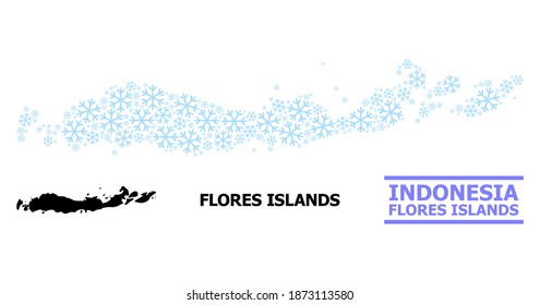 Vektormosaikkarte Indonesiens - Flores Inseln kombiniert für Neujahr, Weihnachtsfeiern und Winter. Mosaik Karte von Indonesien - Flores Inseln besteht aus hellblauen Schnee Artikel.