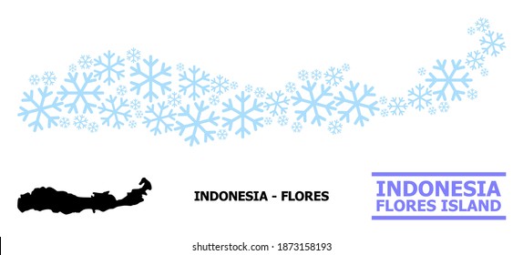 Vector mosaic map of Indonesia - Flores Island designed for New Year, Christmas celebration, and winter. Mosaic map of Indonesia - Flores Island is constructed of light blue snow items.