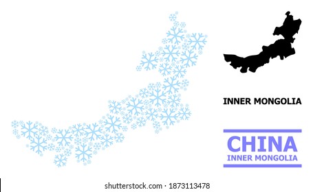 Vector mosaic map of Inner Mongolia done for New Year, Christmas celebration, and winter. Mosaic map of Inner Mongolia is done with light blue snow items.