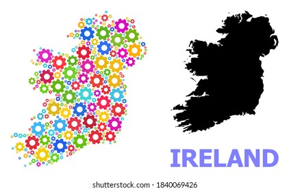 Vector mosaic map of Ireland Island done for services. Mosaic map of Ireland Island is organized with randomized bright cogs. Engineering items in bright colors.